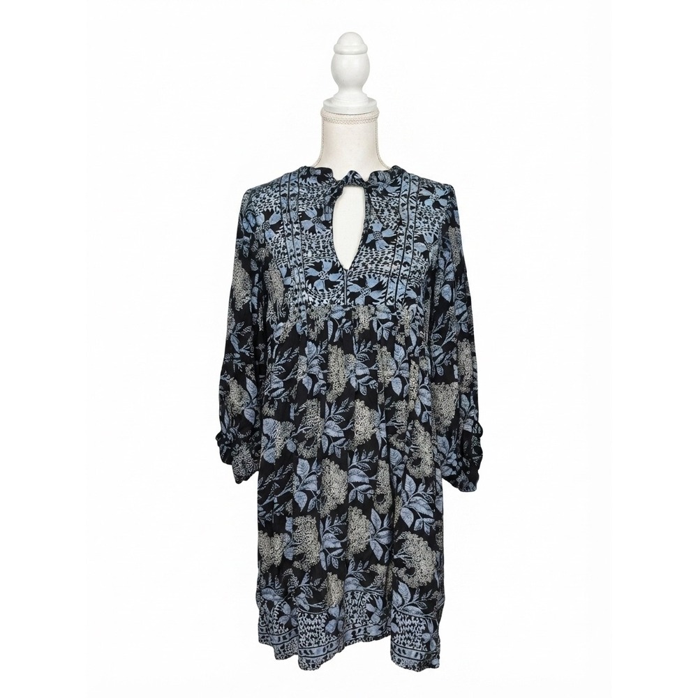 Elan Women Blue Black Floral Boho Keyhole Neck Long Sleeve Mini Dress Small